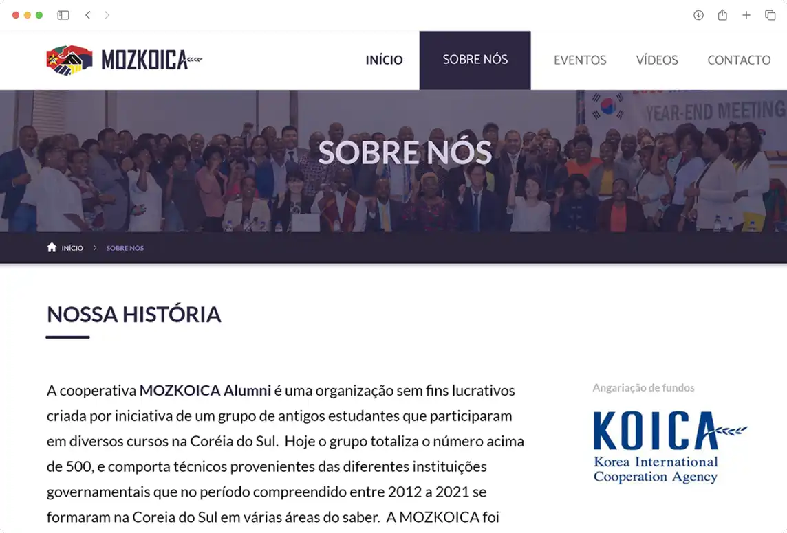 Screenshot da página que fala sobre a Cooperativa Mozkoica