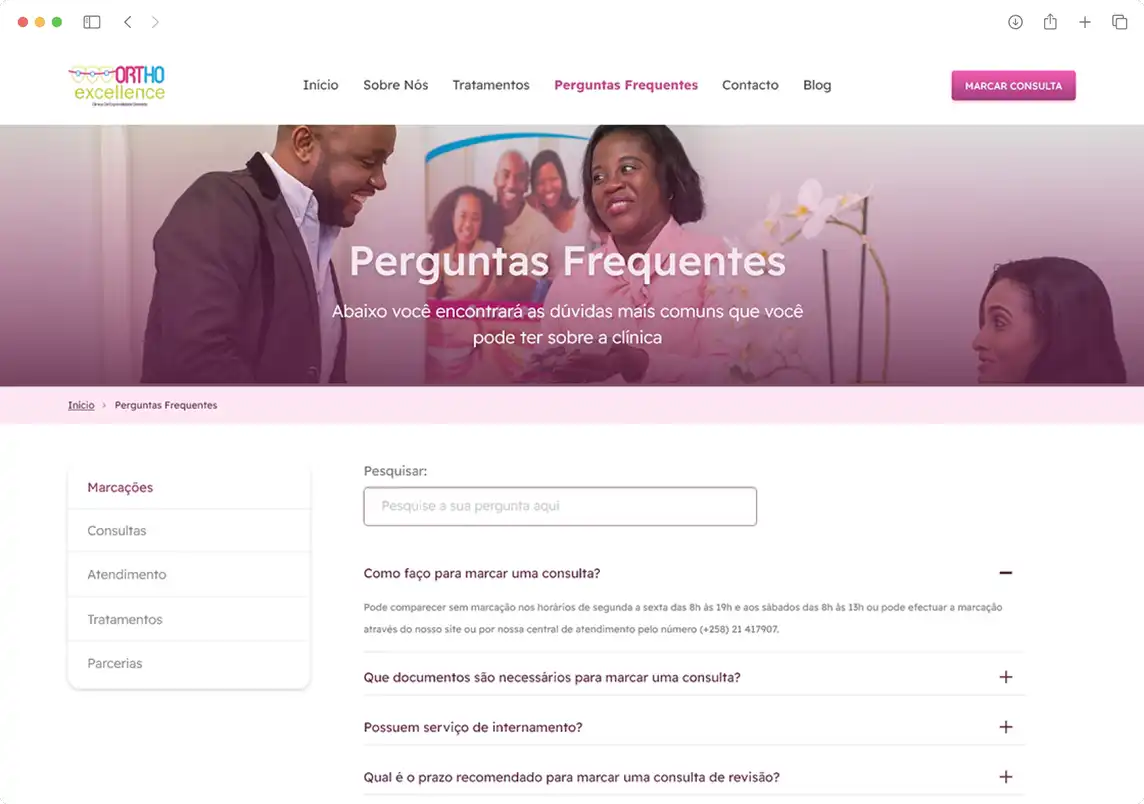 Screenshot da página de perguntas frequentes da OrthoExcellence