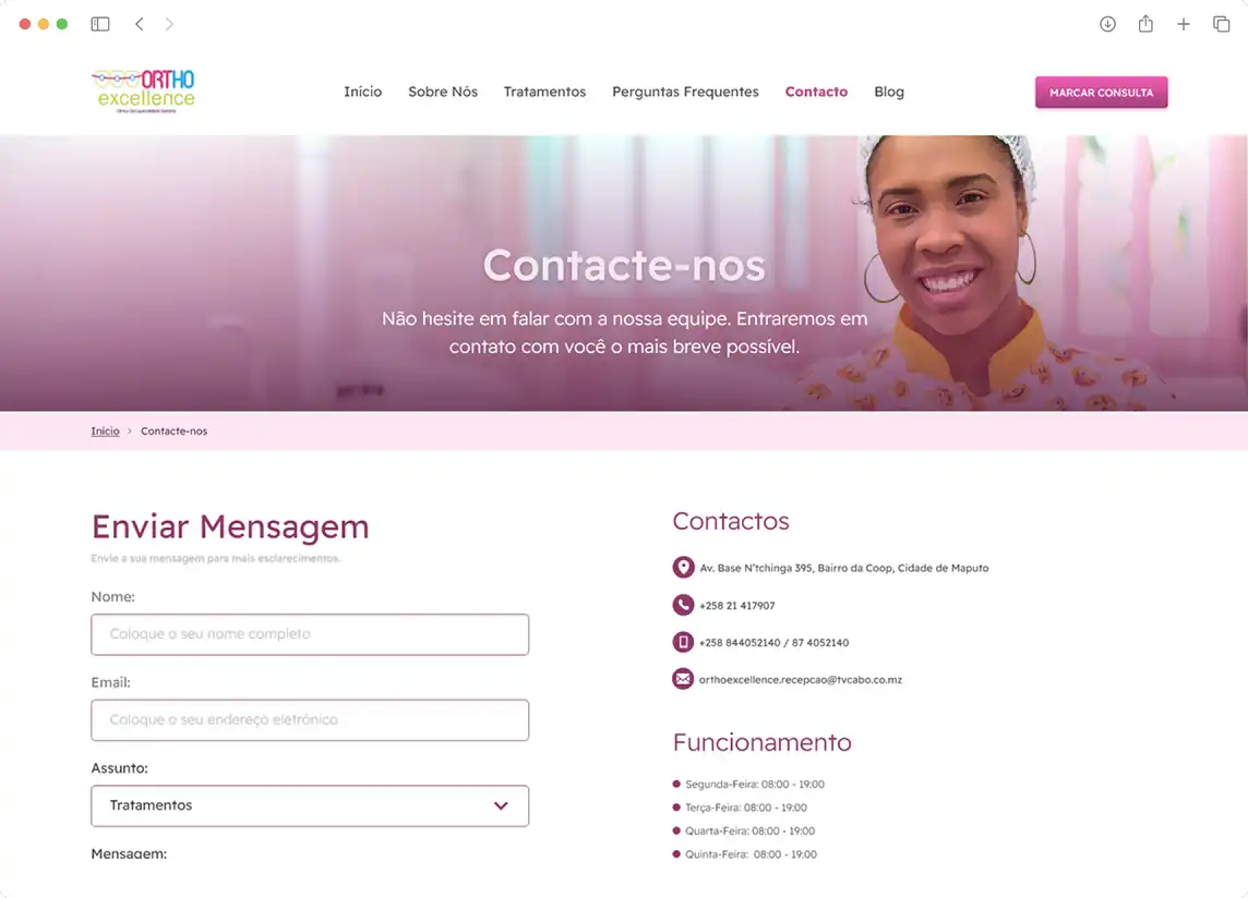 Screenshot da página de contacto da OrthoExcellence