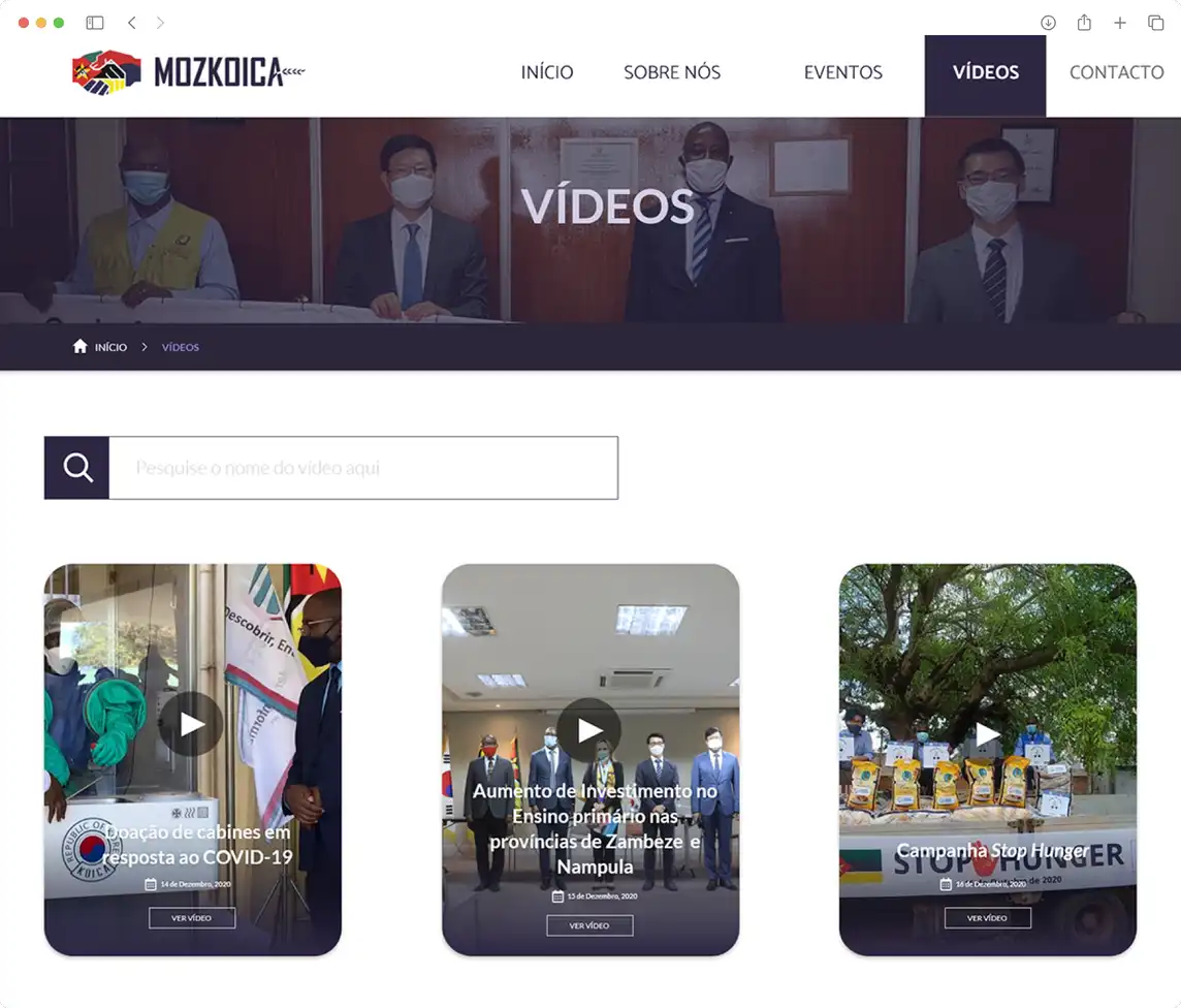 Screenshot da página dos vídeos da Mozkoica