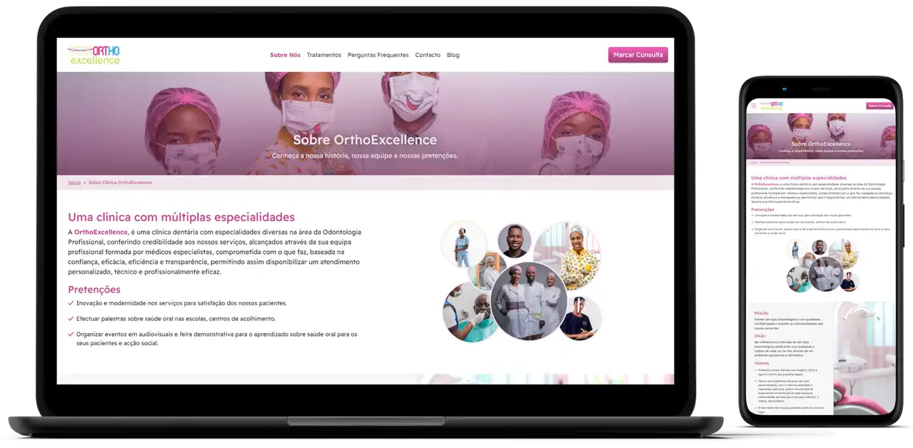 Imagens do website da OrthoExcellence projectado em um laptop e mobile