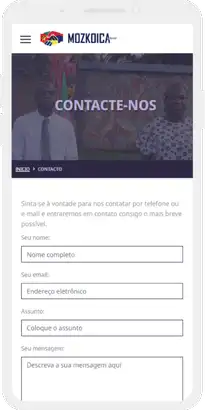 Versão mobile da página de contacto da MozKoica