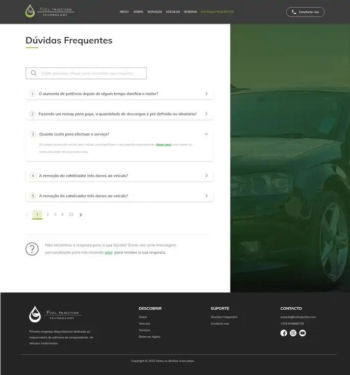 Screenshot da página de perguntas frequentes na Fuel Injection Technology