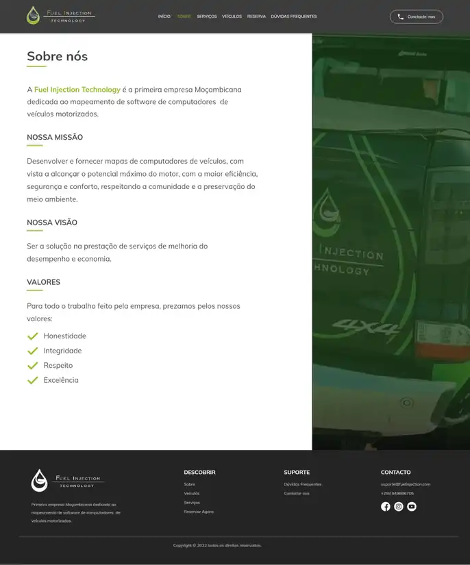 Screenshot da página que fala sobre a empresa no site da Fuel Injection Technology